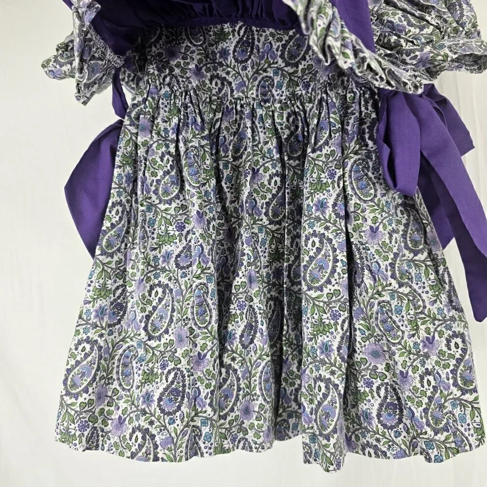 Vintage Purple/ Floral Apron Romper Ruffle Paisley Fits Toddler Girl Size 2